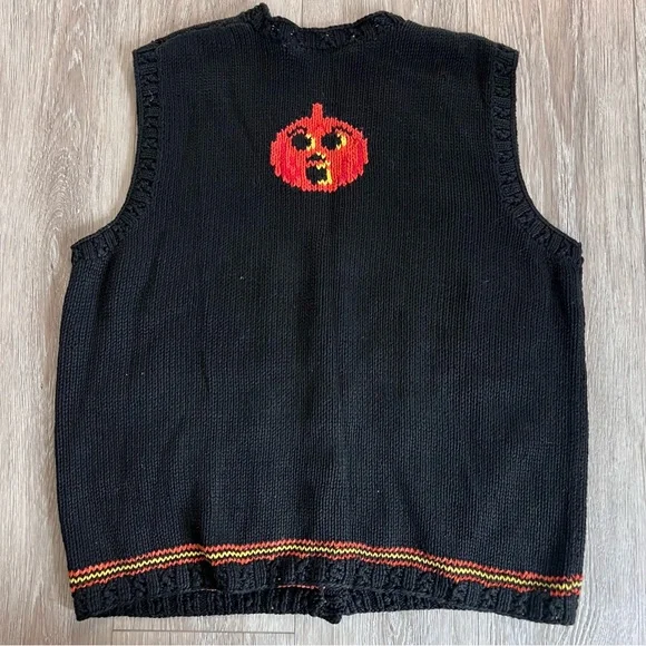 Vintage Halloween Sweater Vest Black Orange Pumpkins - Picture 9 of 13